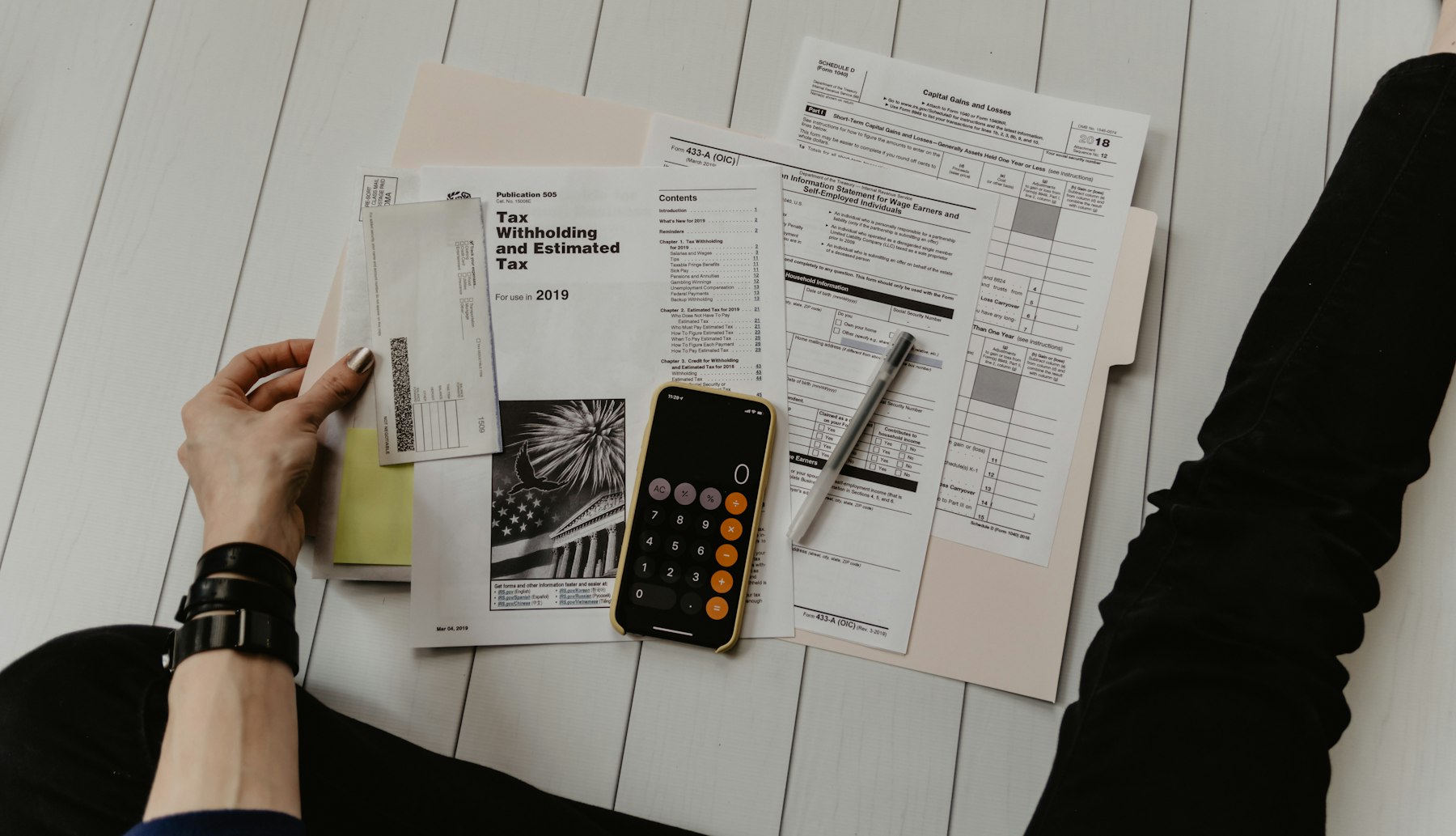 Tax documents and planning materials laid out for review
